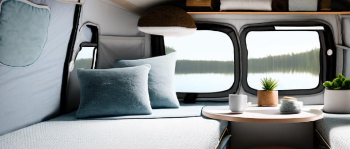 A comfortable-looking caravan interior at night